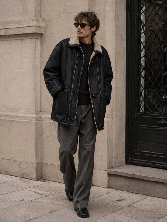 MADISKIN Jackets & Blazers - Vintage Suede Shearling Jacket Unisex L Black Sheepskin Coat MADISKIN